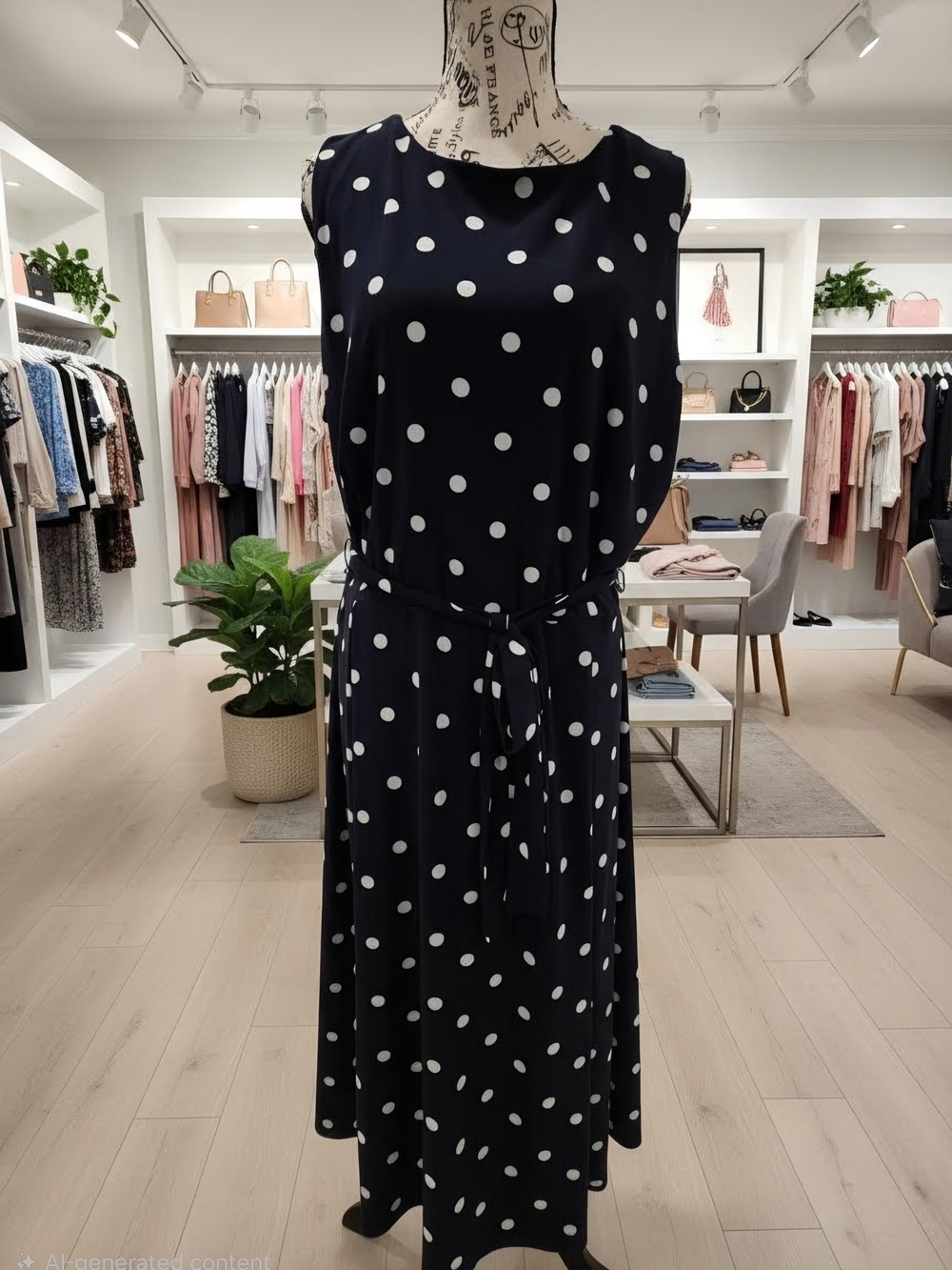 Anne Klein Navy and White Polka Dot Sleeveless Midi Dress